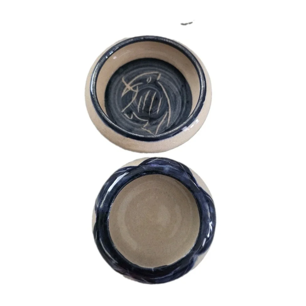 Set VTG Studio Pottery Sgraffito Fish Trinket Dish MCM Ceramic Bowls Blue Brown